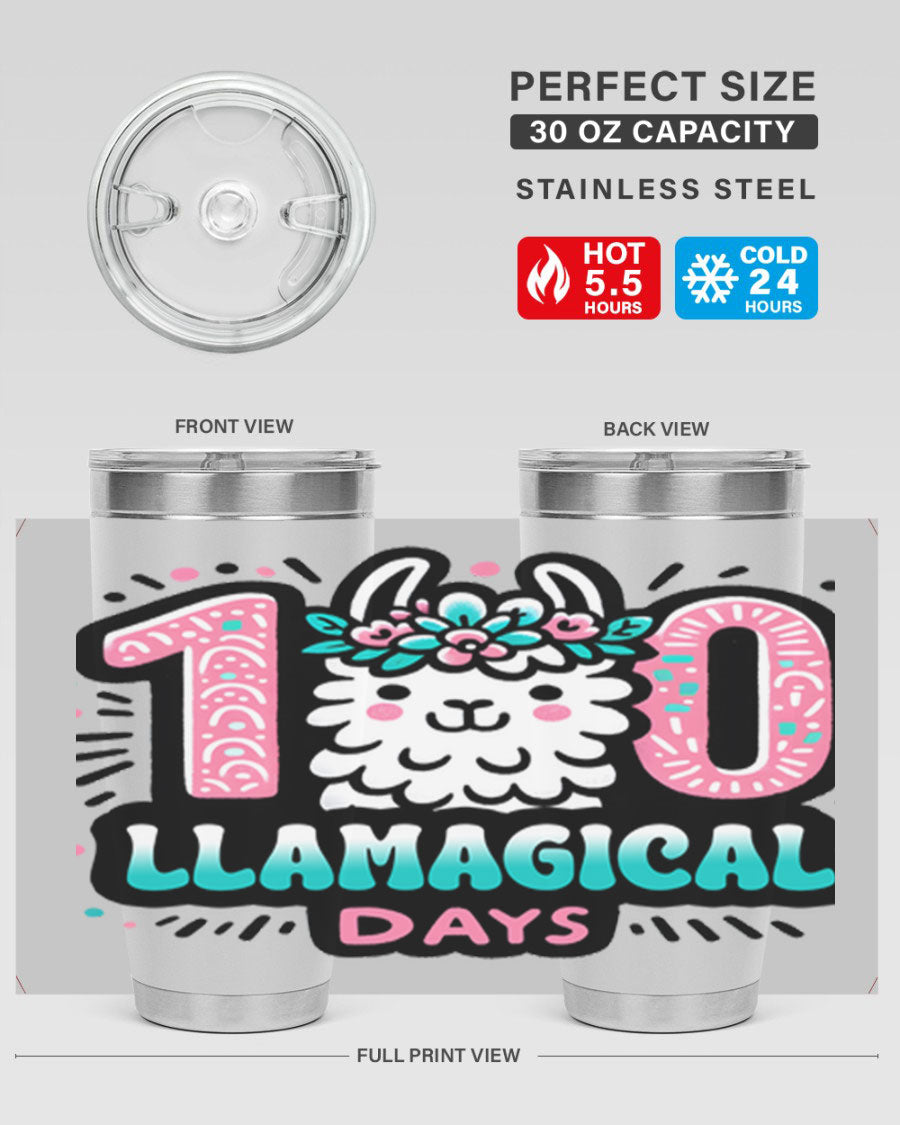 A colorful 20oz and 30oz tumbler featuring a whimsical llamagical design, perfect for celebrating 100 days of school.