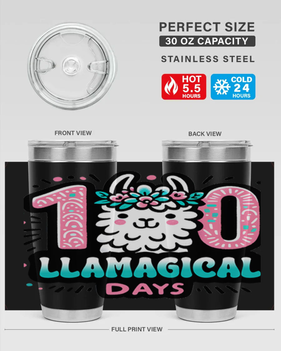 A colorful 20oz and 30oz tumbler featuring a whimsical llamagical design, perfect for celebrating 100 days of school.