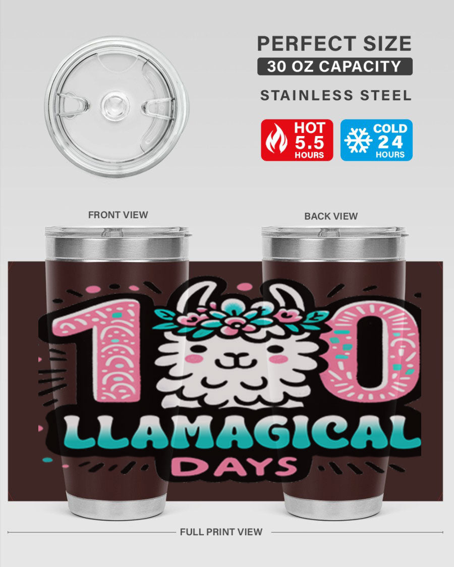 A colorful 20oz and 30oz tumbler featuring a whimsical llamagical design, perfect for celebrating 100 days of school.
