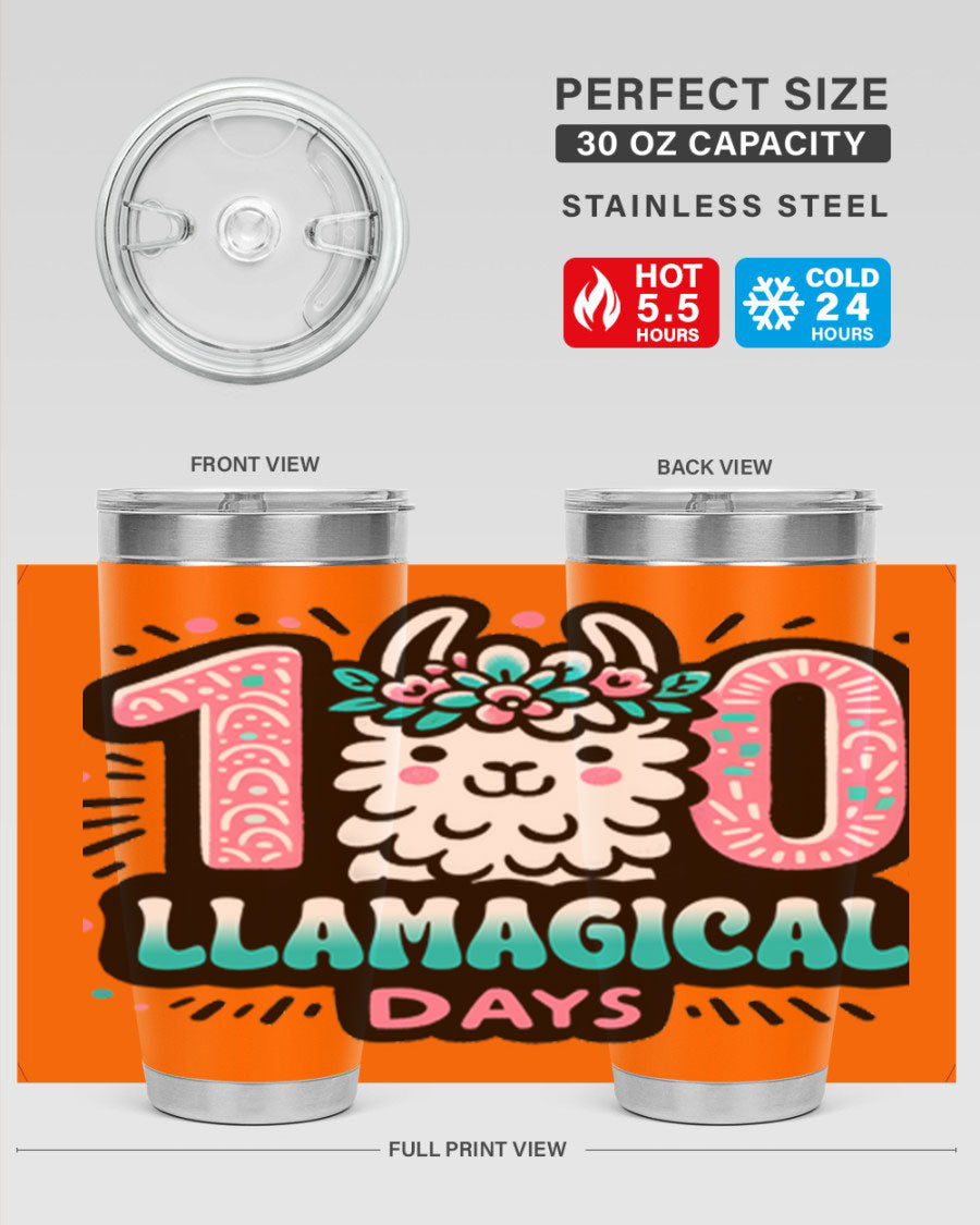 A colorful 20oz and 30oz tumbler featuring a whimsical llamagical design, perfect for celebrating 100 days of school.