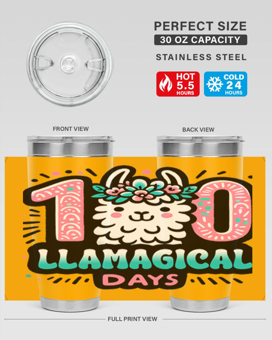 A colorful 20oz and 30oz tumbler featuring a whimsical llamagical design, perfect for celebrating 100 days of school.