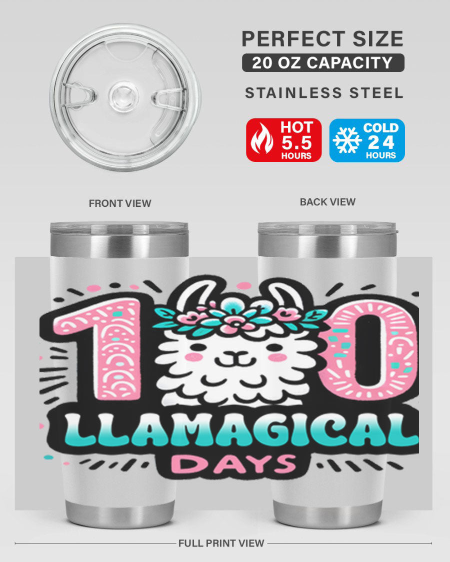 A colorful 20oz and 30oz tumbler featuring a whimsical llamagical design, perfect for celebrating 100 days of school.