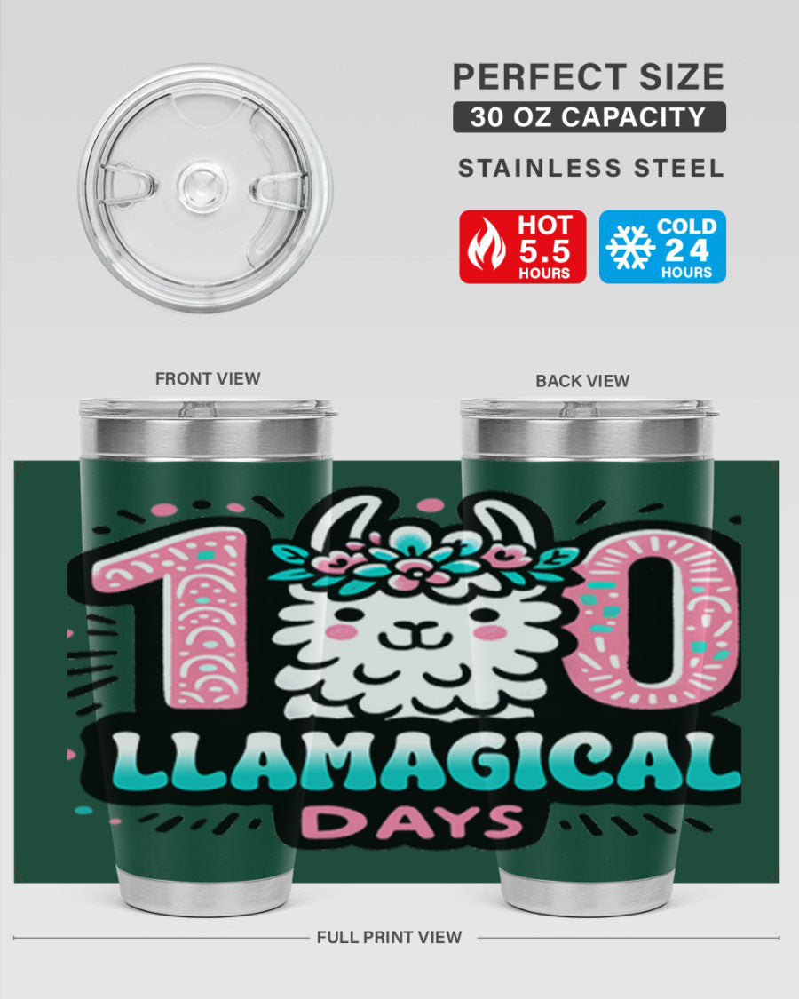 A colorful 20oz and 30oz tumbler featuring a whimsical llamagical design, perfect for celebrating 100 days of school.