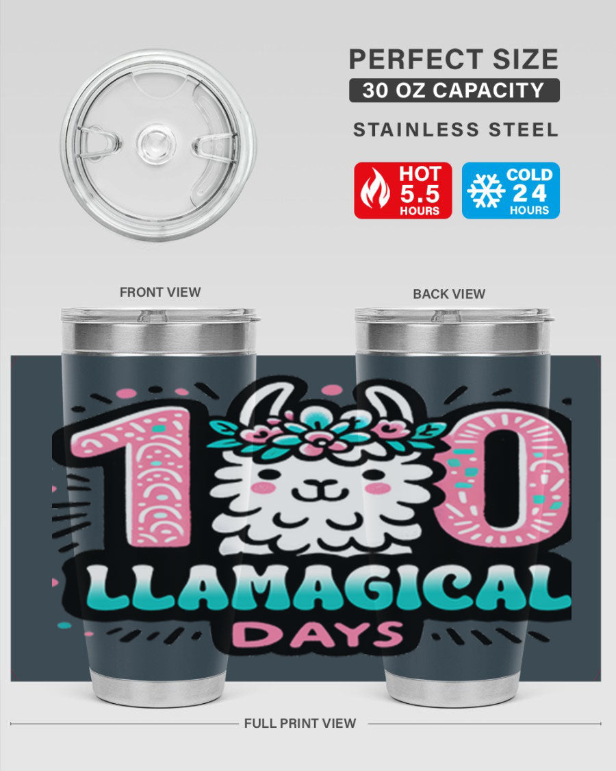 A colorful 20oz and 30oz tumbler featuring a whimsical llamagical design, perfect for celebrating 100 days of school.