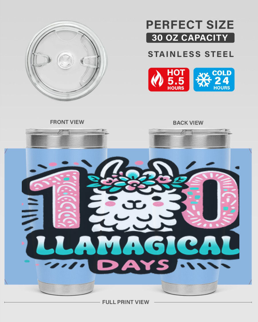 A colorful 20oz and 30oz tumbler featuring a whimsical llamagical design, perfect for celebrating 100 days of school.