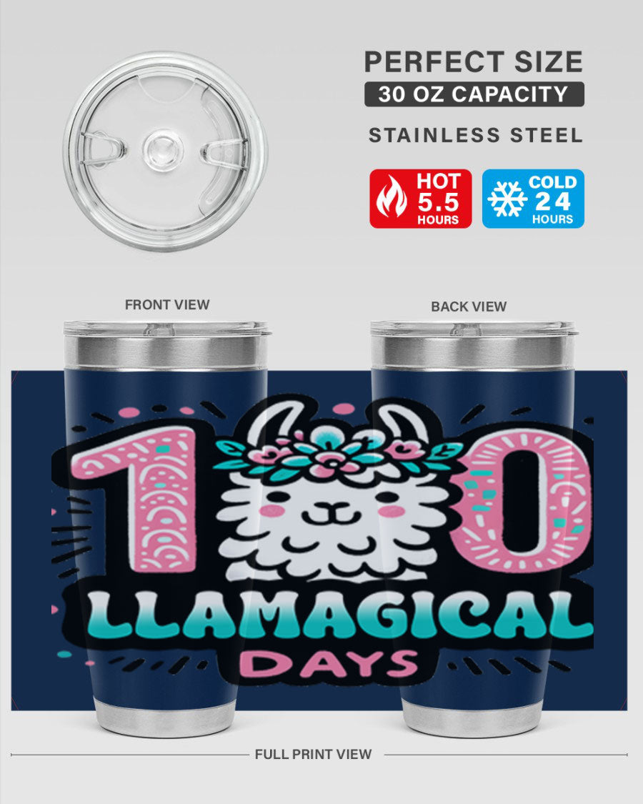 A colorful 20oz and 30oz tumbler featuring a whimsical llamagical design, perfect for celebrating 100 days of school.