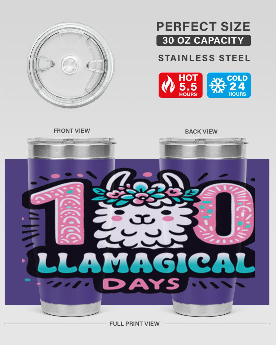 A colorful 20oz and 30oz tumbler featuring a whimsical llamagical design, perfect for celebrating 100 days of school.
