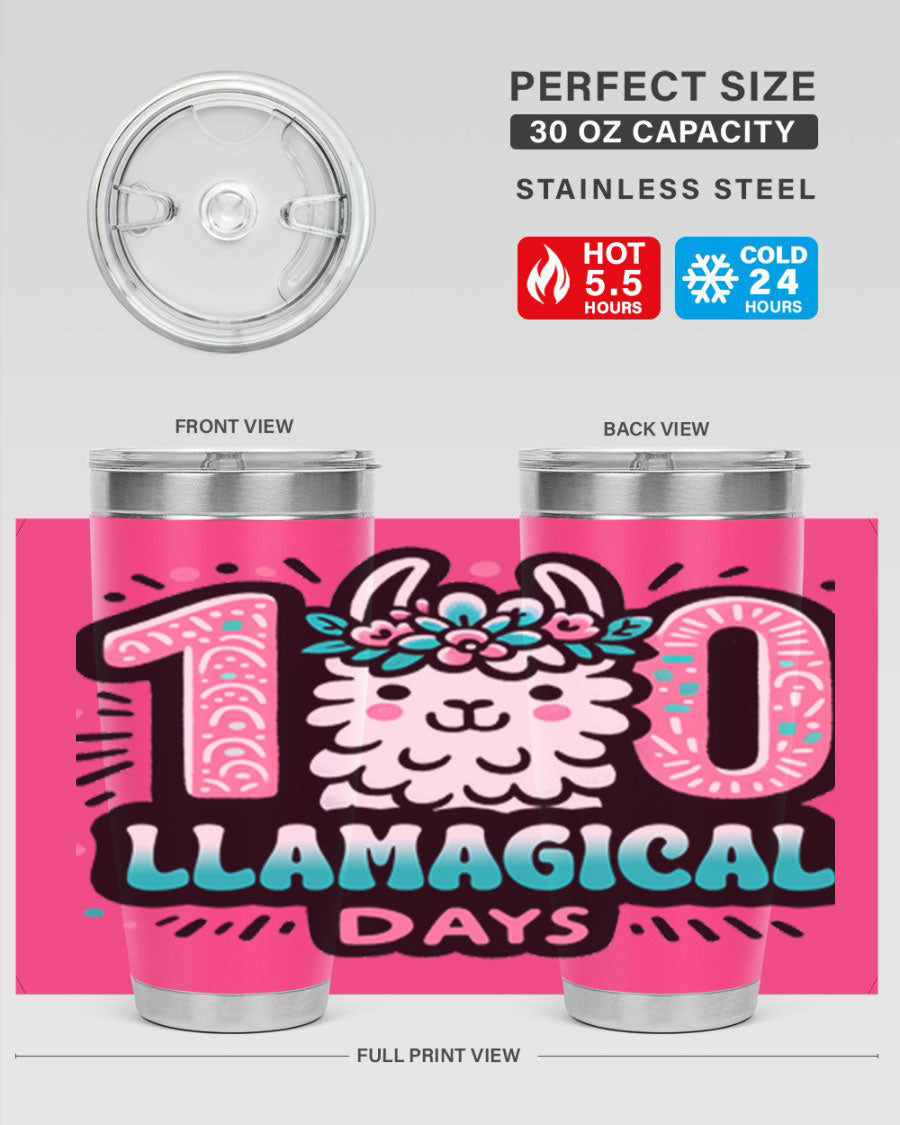 A colorful 20oz and 30oz tumbler featuring a whimsical llamagical design, perfect for celebrating 100 days of school.