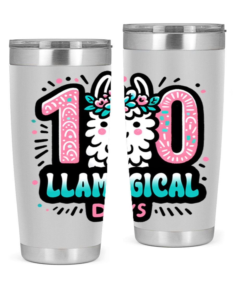 A colorful 20oz and 30oz tumbler featuring a whimsical llamagical design, perfect for celebrating 100 days of school.