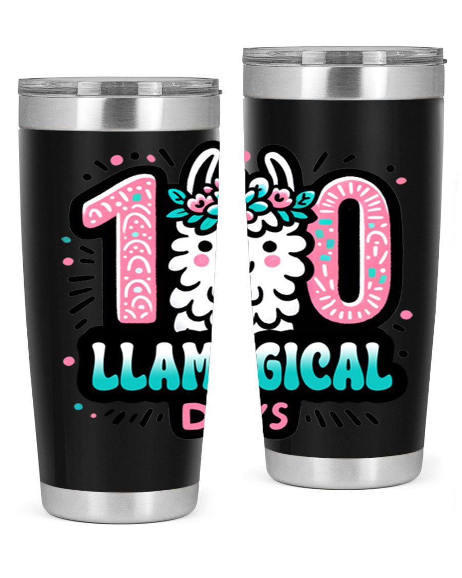 A colorful 20oz and 30oz tumbler featuring a whimsical llamagical design, perfect for celebrating 100 days of school.