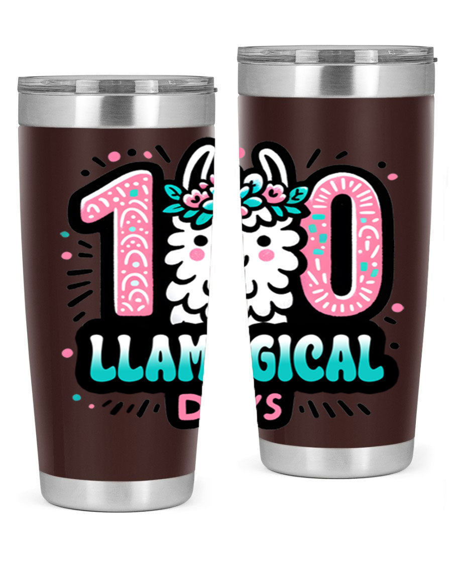 A colorful 20oz and 30oz tumbler featuring a whimsical llamagical design, perfect for celebrating 100 days of school.