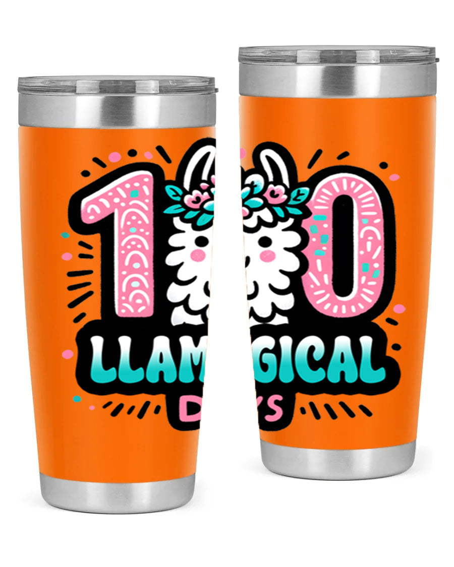 A colorful 20oz and 30oz tumbler featuring a whimsical llamagical design, perfect for celebrating 100 days of school.