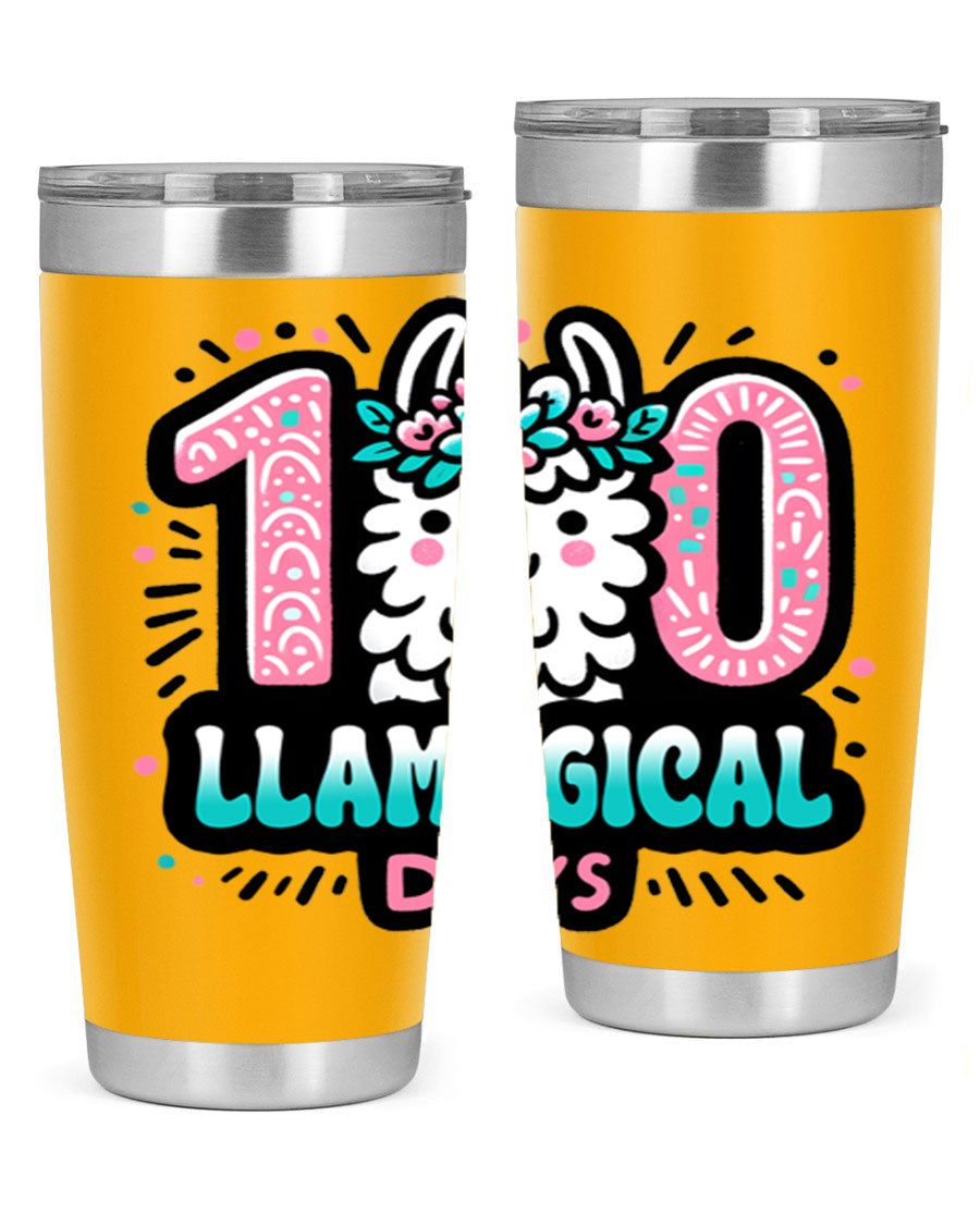 A colorful 20oz and 30oz tumbler featuring a whimsical llamagical design, perfect for celebrating 100 days of school.
