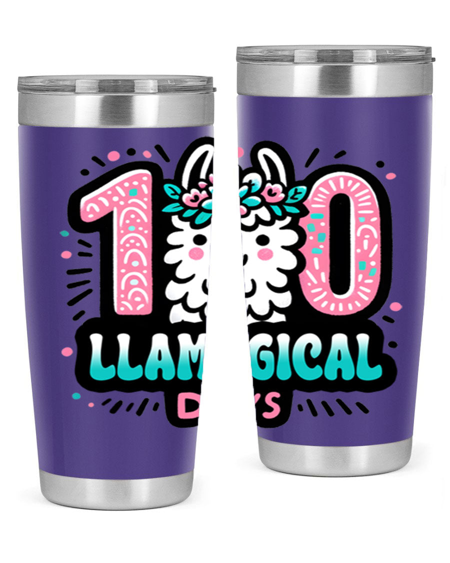 A colorful 20oz and 30oz tumbler featuring a whimsical llamagical design, perfect for celebrating 100 days of school.