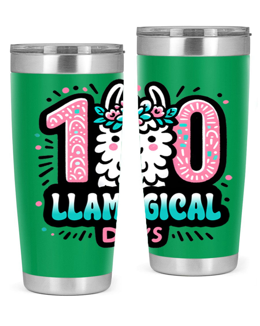 A colorful 20oz and 30oz tumbler featuring a whimsical llamagical design, perfect for celebrating 100 days of school.