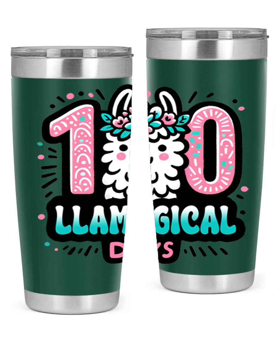 A colorful 20oz and 30oz tumbler featuring a whimsical llamagical design, perfect for celebrating 100 days of school.