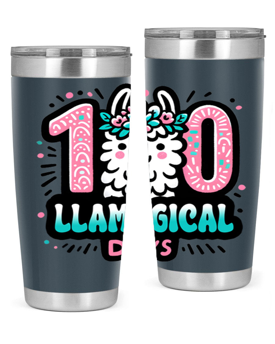 A colorful 20oz and 30oz tumbler featuring a whimsical llamagical design, perfect for celebrating 100 days of school.