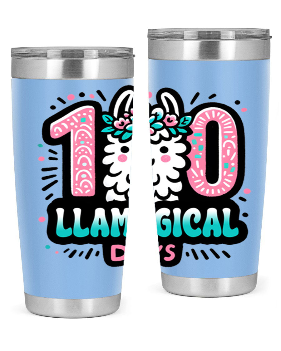 A colorful 20oz and 30oz tumbler featuring a whimsical llamagical design, perfect for celebrating 100 days of school.
