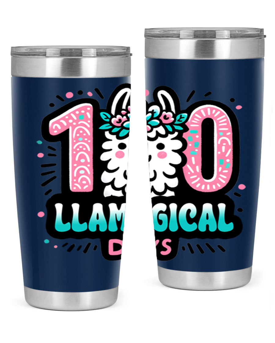 A colorful 20oz and 30oz tumbler featuring a whimsical llamagical design, perfect for celebrating 100 days of school.