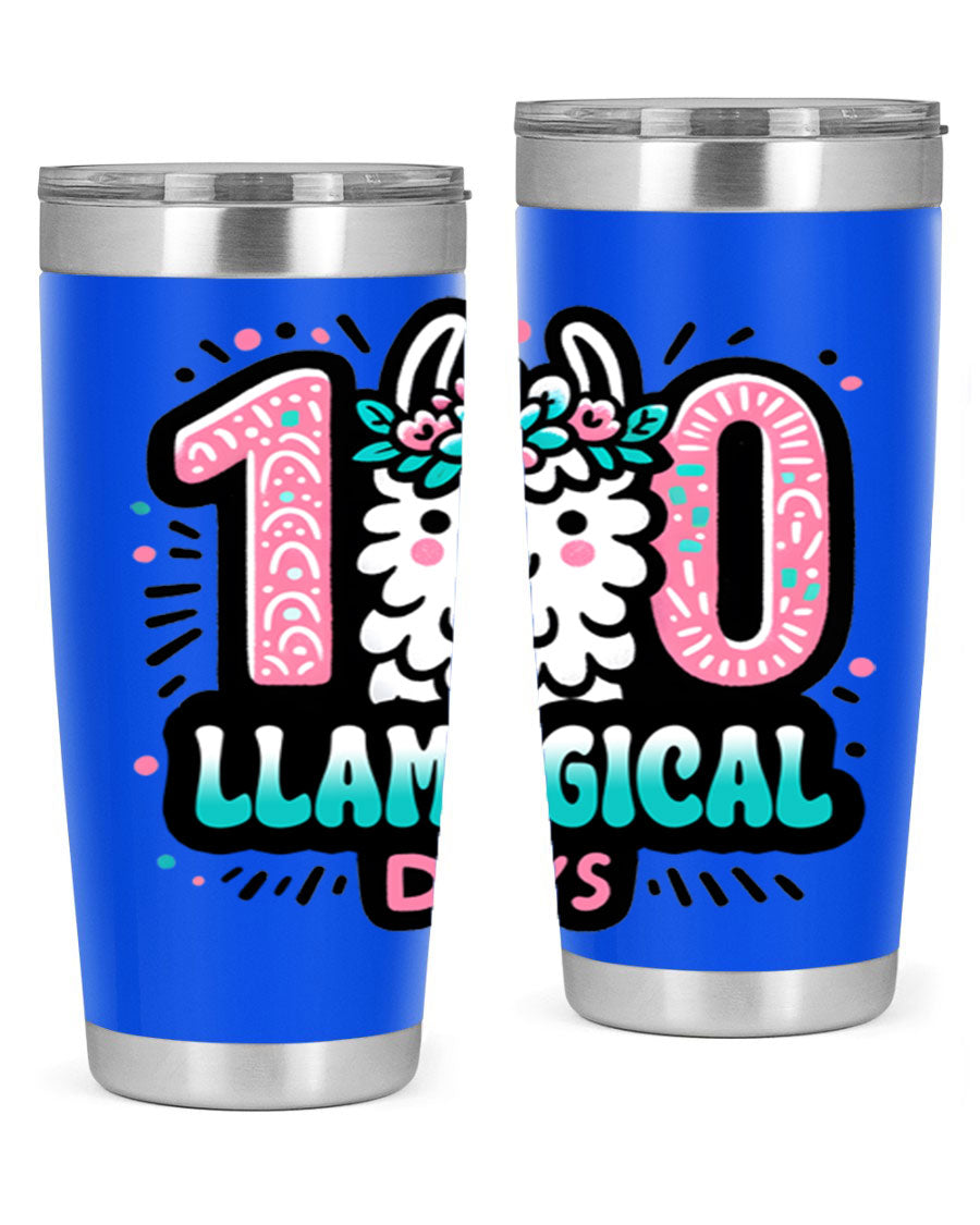 A colorful 20oz and 30oz tumbler featuring a whimsical llamagical design, perfect for celebrating 100 days of school.