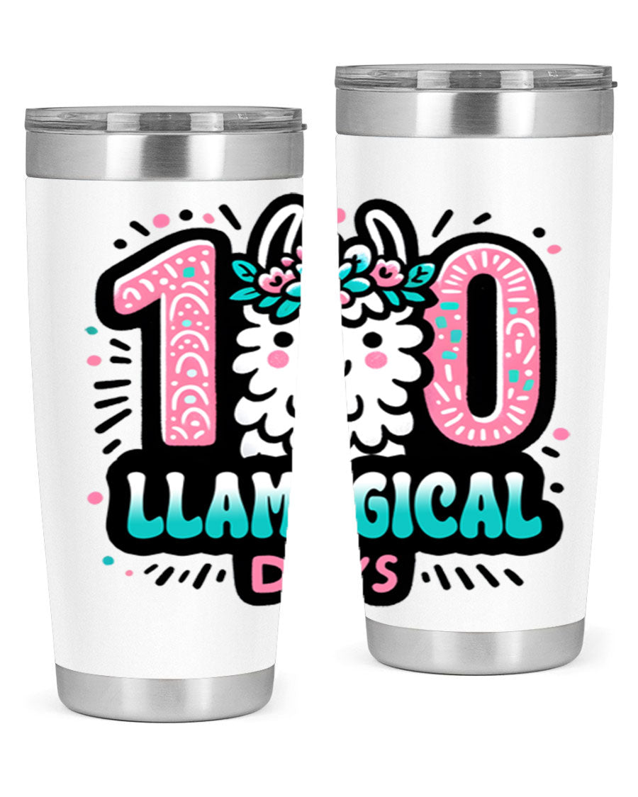 A colorful 20oz and 30oz tumbler featuring a whimsical llamagical design, perfect for celebrating 100 days of school.
