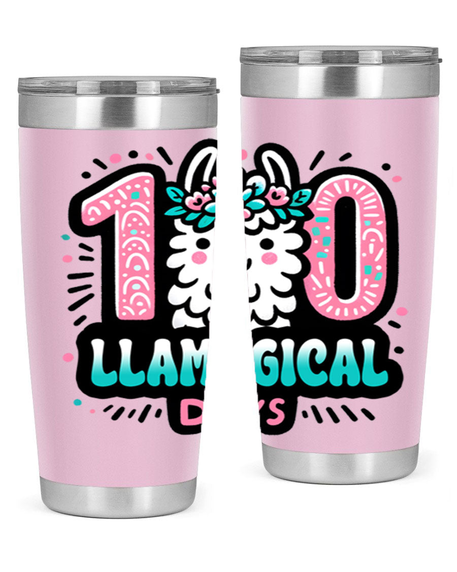 A colorful 20oz and 30oz tumbler featuring a whimsical llamagical design, perfect for celebrating 100 days of school.