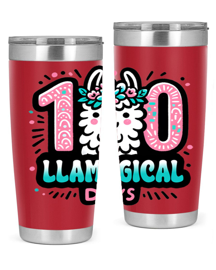 A colorful 20oz and 30oz tumbler featuring a whimsical llamagical design, perfect for celebrating 100 days of school.