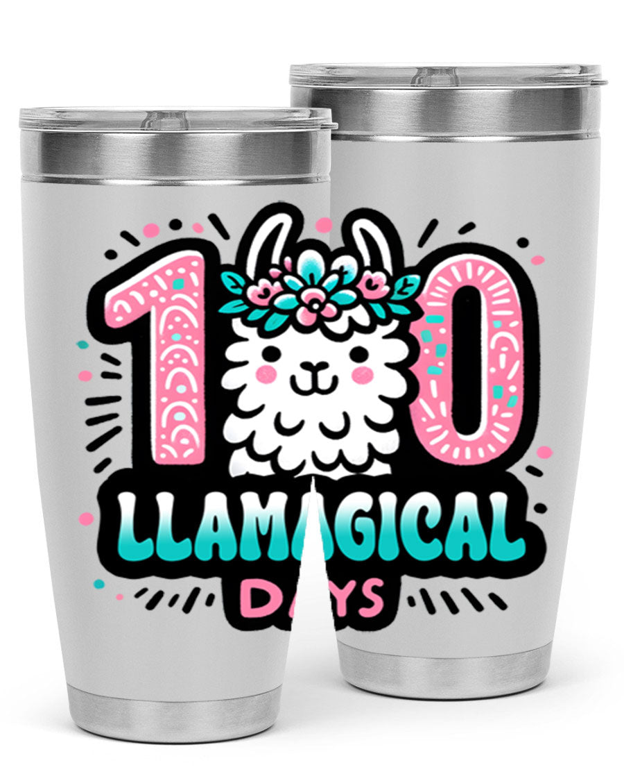 A colorful 20oz and 30oz tumbler featuring a whimsical llamagical design, perfect for celebrating 100 days of school.