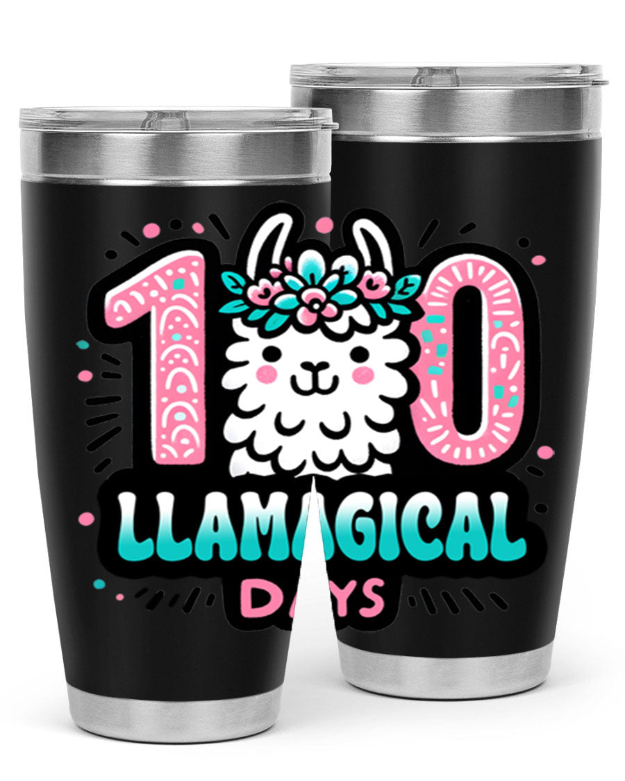 A colorful 20oz and 30oz tumbler featuring a whimsical llamagical design, perfect for celebrating 100 days of school.