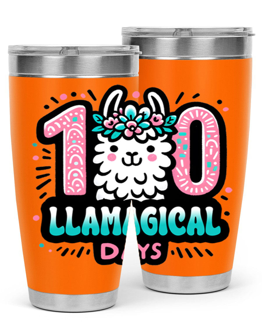 A colorful 20oz and 30oz tumbler featuring a whimsical llamagical design, perfect for celebrating 100 days of school.