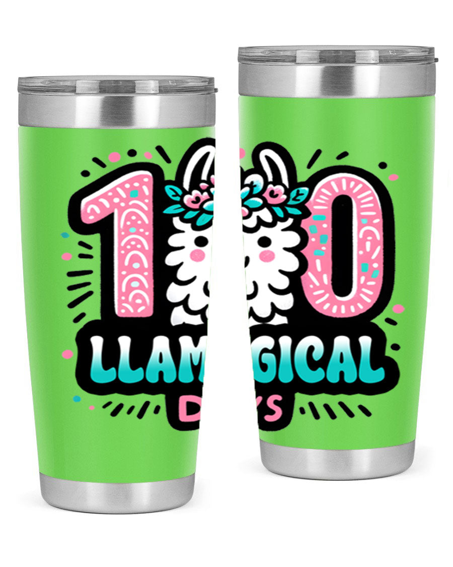 A colorful 20oz and 30oz tumbler featuring a whimsical llamagical design, perfect for celebrating 100 days of school.