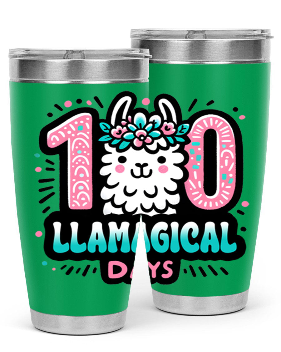 A colorful 20oz and 30oz tumbler featuring a whimsical llamagical design, perfect for celebrating 100 days of school.