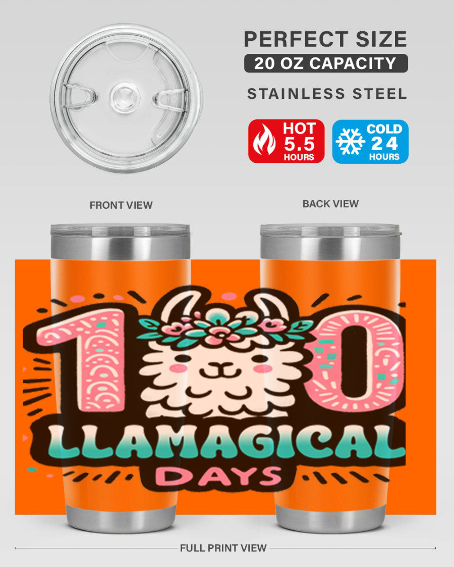 A colorful 20oz and 30oz tumbler featuring a whimsical llamagical design, perfect for celebrating 100 days of school.