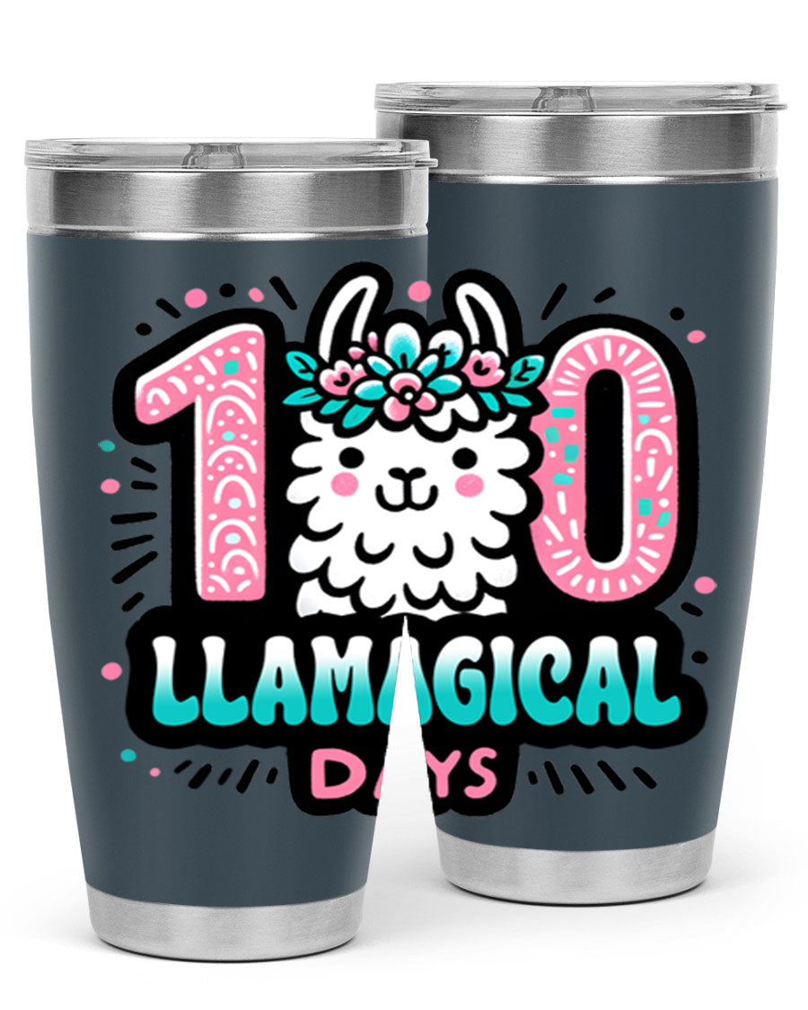 A colorful 20oz and 30oz tumbler featuring a whimsical llamagical design, perfect for celebrating 100 days of school.