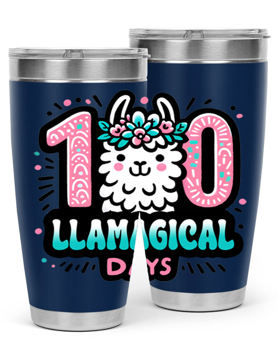 A colorful 20oz and 30oz tumbler featuring a whimsical llamagical design, perfect for celebrating 100 days of school.