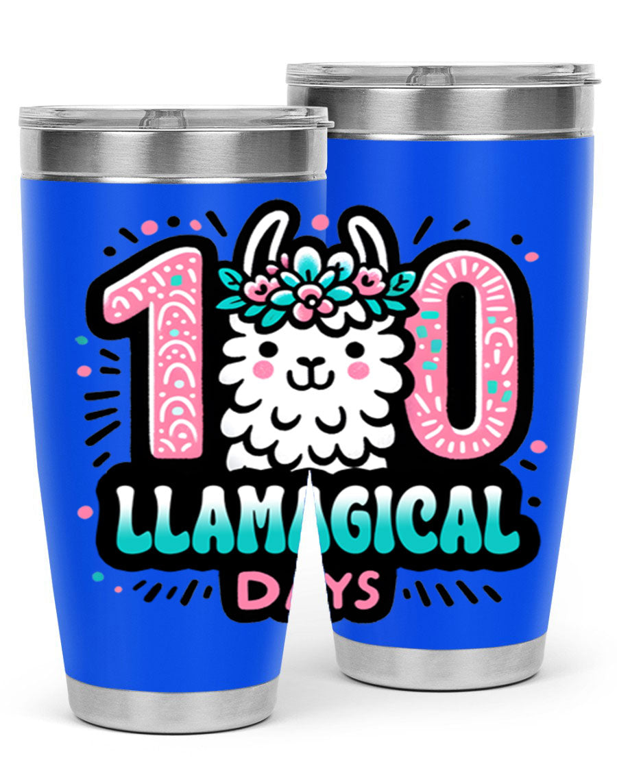 A colorful 20oz and 30oz tumbler featuring a whimsical llamagical design, perfect for celebrating 100 days of school.