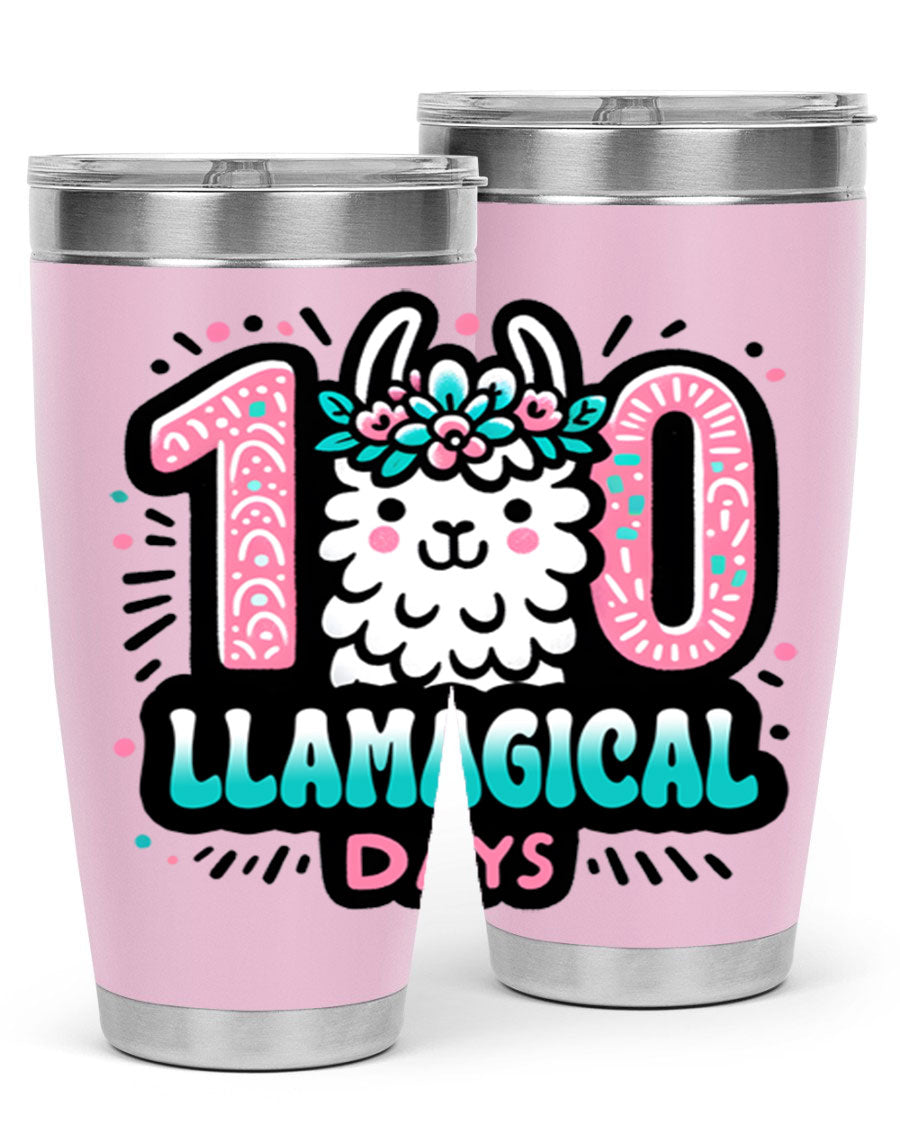 A colorful 20oz and 30oz tumbler featuring a whimsical llamagical design, perfect for celebrating 100 days of school.