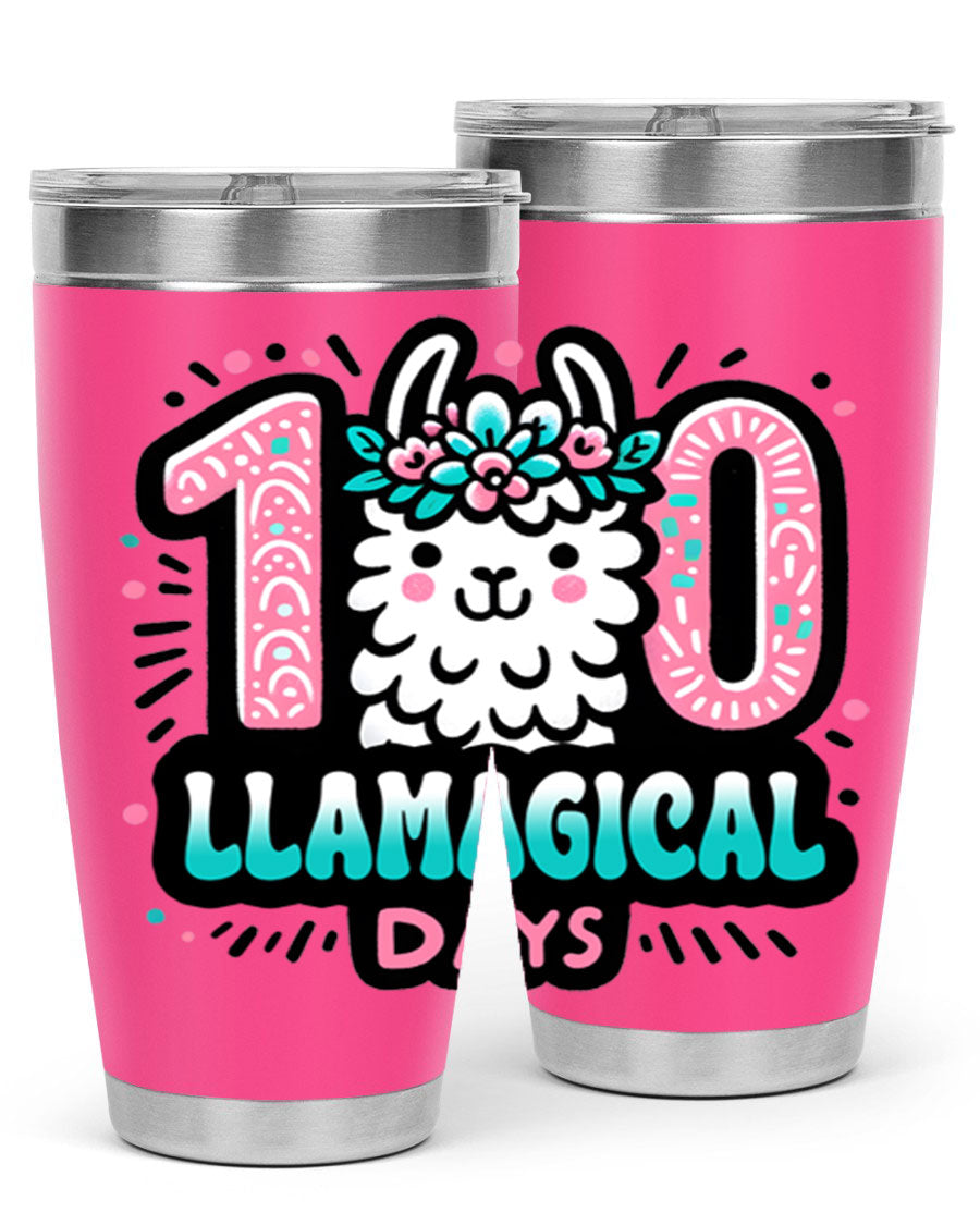 A colorful 20oz and 30oz tumbler featuring a whimsical llamagical design, perfect for celebrating 100 days of school.