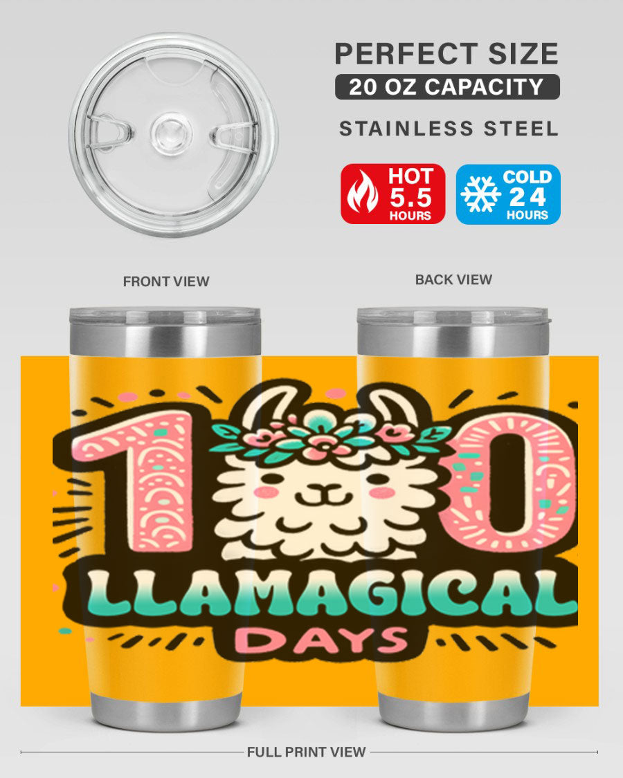 A colorful 20oz and 30oz tumbler featuring a whimsical llamagical design, perfect for celebrating 100 days of school.