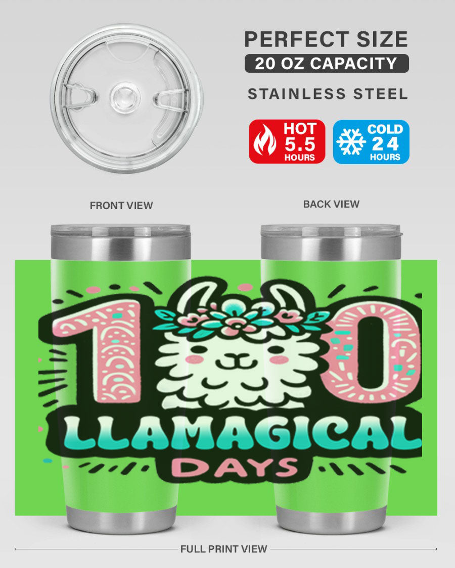 A colorful 20oz and 30oz tumbler featuring a whimsical llamagical design, perfect for celebrating 100 days of school.