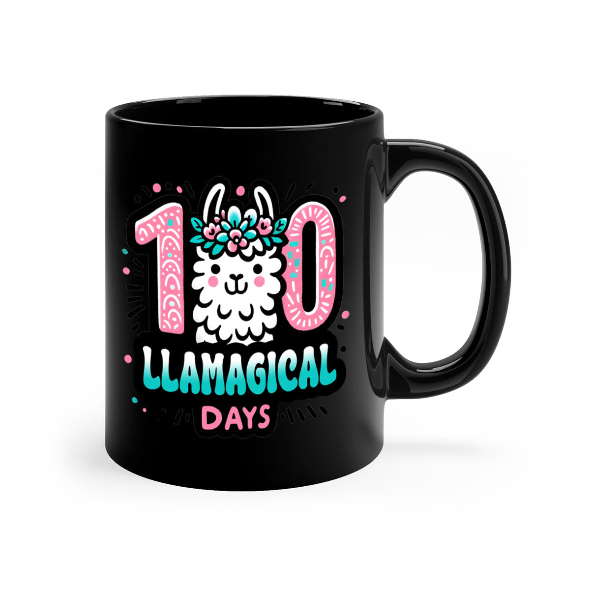 A colorful 100 Llamagical Days sublimation mug with a glossy finish, featuring a C-shaped handle and available in five vibrant colors.
