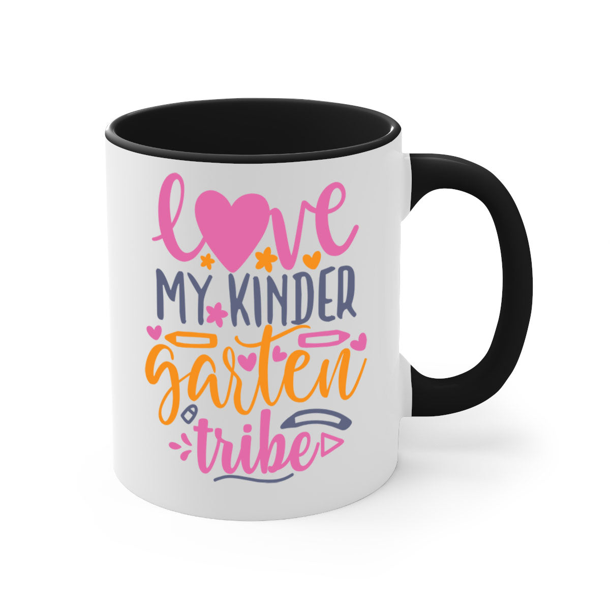 Ceramic '100 Love My Kindergarten Tribe' mug with colorful handle and interior, available in two sizes.