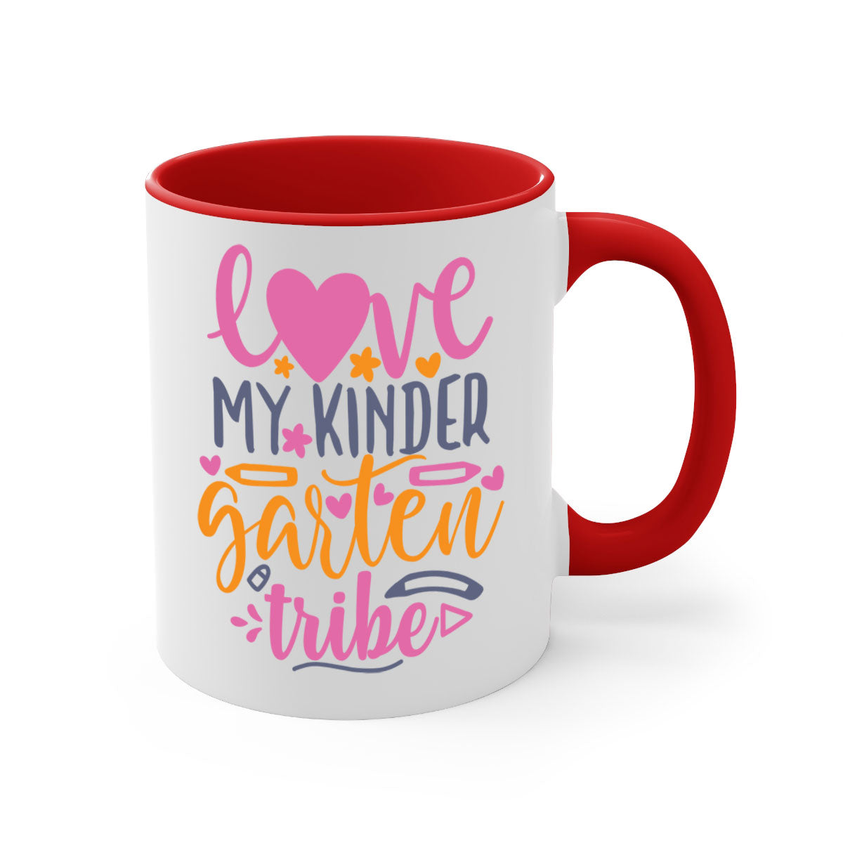 Ceramic '100 Love My Kindergarten Tribe' mug with colorful handle and interior, available in two sizes.