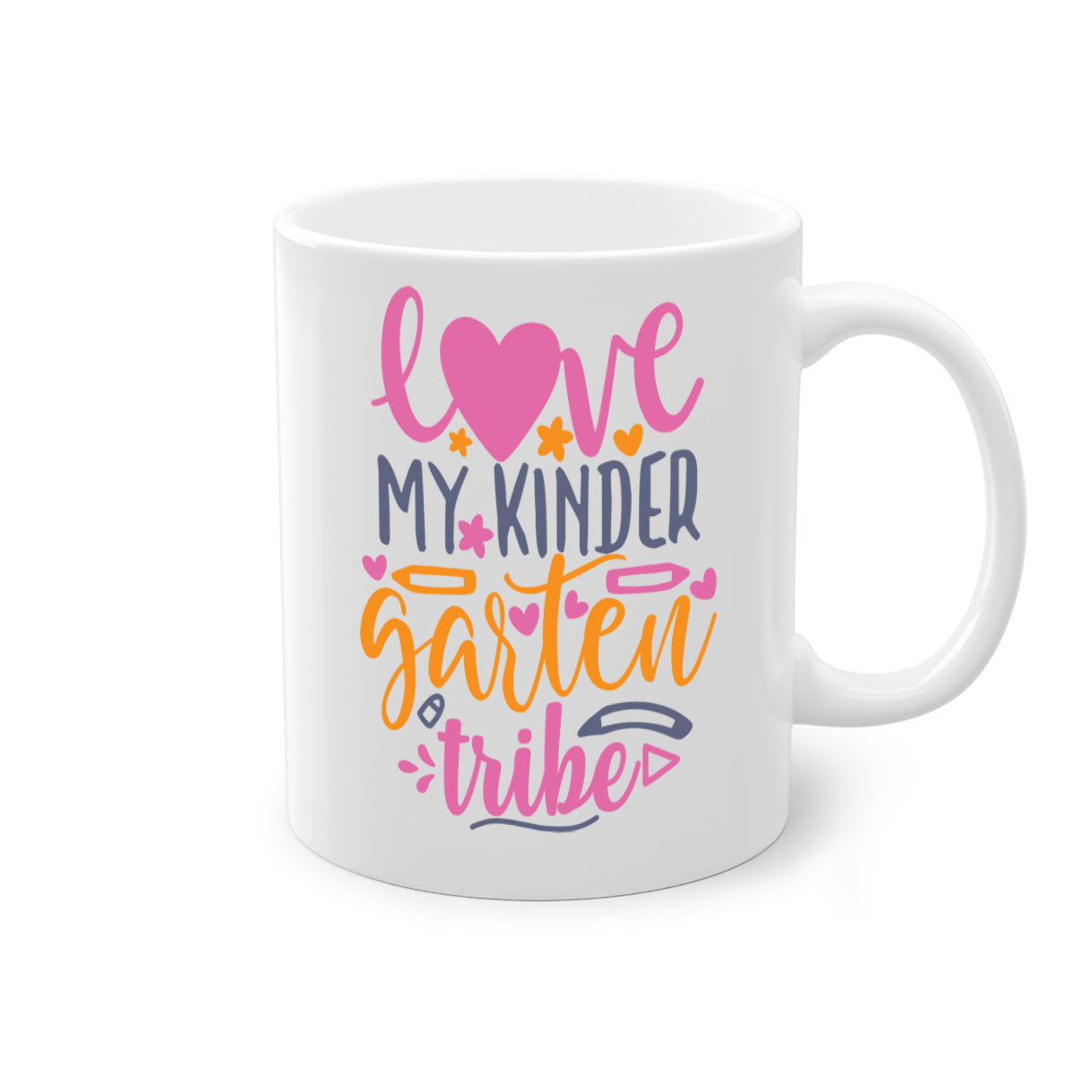 Ceramic '100 Love My Kindergarten Tribe' mug with colorful handle and interior, available in two sizes.