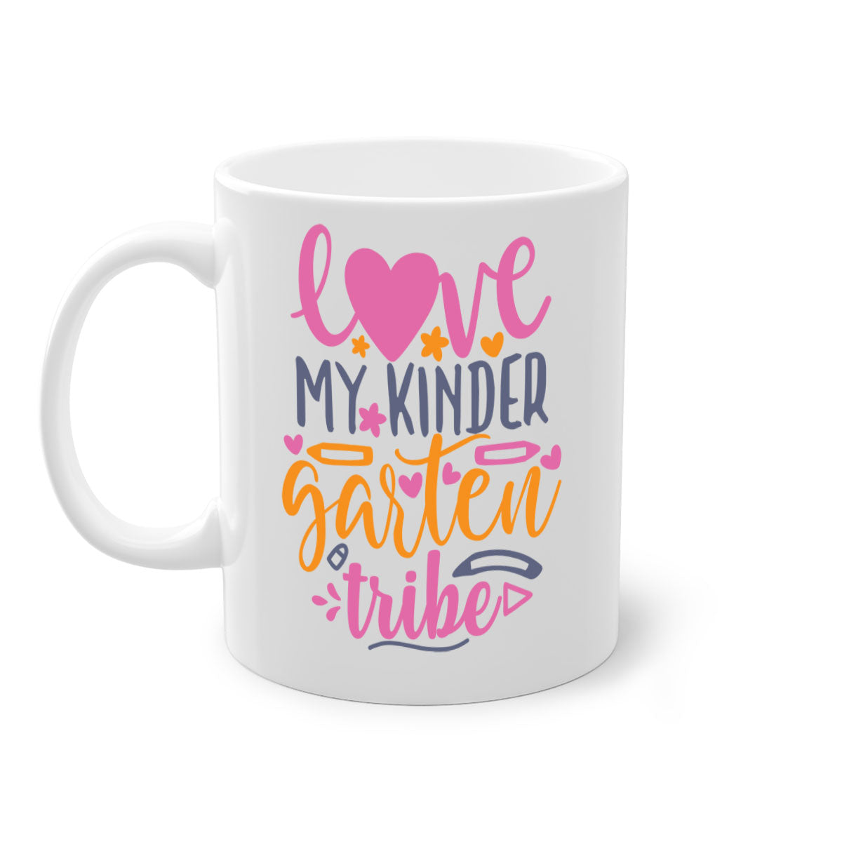 Ceramic '100 Love My Kindergarten Tribe' mug with colorful handle and interior, available in two sizes.