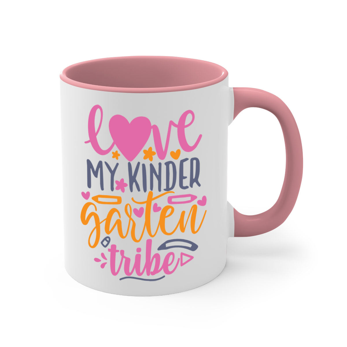 Ceramic '100 Love My Kindergarten Tribe' mug with colorful handle and interior, available in two sizes.