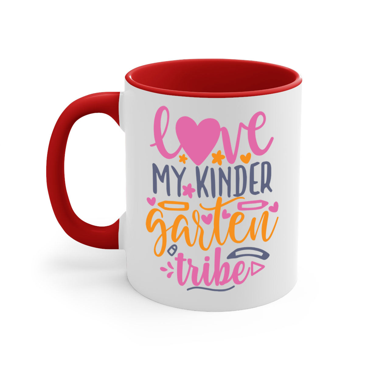 Ceramic '100 Love My Kindergarten Tribe' mug with colorful handle and interior, available in two sizes.