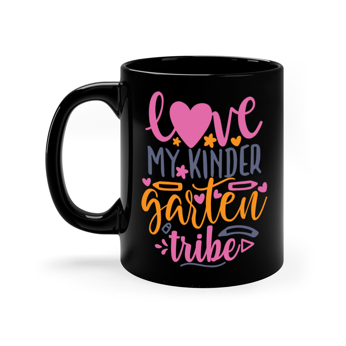 Ceramic '100 Love My Kindergarten Tribe' mug with colorful handle and interior, available in two sizes.