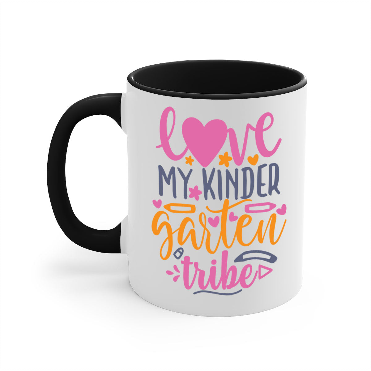 Ceramic '100 Love My Kindergarten Tribe' mug with colorful handle and interior, available in two sizes.