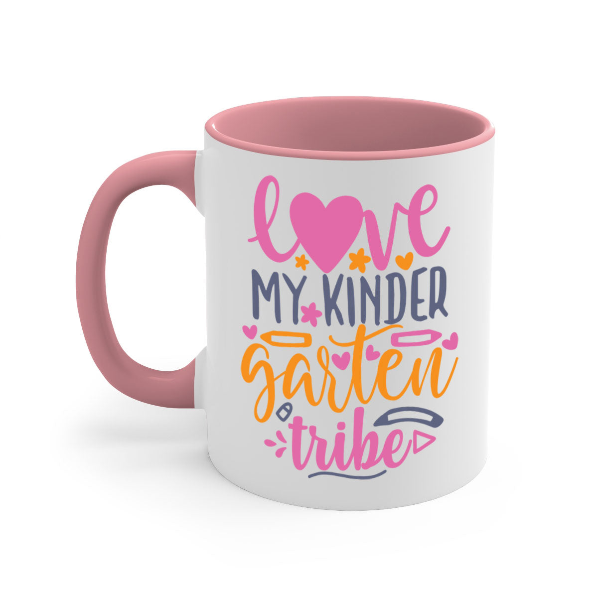 Ceramic '100 Love My Kindergarten Tribe' mug with colorful handle and interior, available in two sizes.